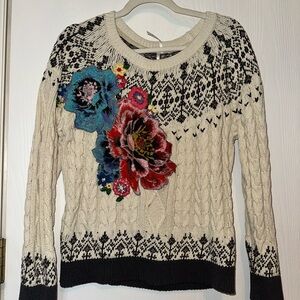Anthropologie Cream and Black Sweater with Floral Embroidery